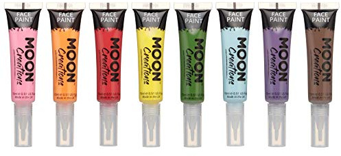 Moon Creations Face & Body Paint Tubes with Brush Applicator | Set of 8 | 15ml | Ready to Use | Cruelty Free, Made in UK | Face Paint for Kids, Adults, Fancy Dress, Festivals, Halloween