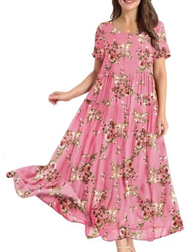 YESNO Women Short Sleeve Boho Summer Maxi Dress with Pockets XL EJFUK CR35