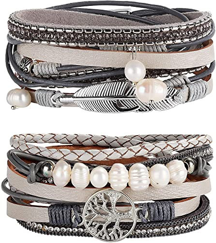Adramata 2Pcs Boho Leder Wrap Cuff Armband Damen Frauen Mädchen Multilayer Baum des Lebens Armband Magnetschnalle Armband Armreif Schmuck für Mutter Freunde