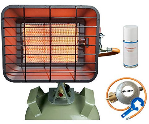Bluecraft Heiz-Strahler Gasheizstrahler ohne Strom inkl. Schlauch & Regler aus Alu-Druckguss für Gasflasche 5kg, 11kg mit Piezo, Zündsicherung, Lecksuchspray, Gasregler-Schlüssel (ohne Gasflasche)