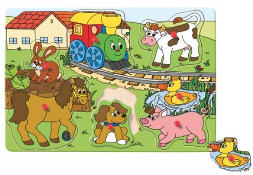 PUZZLE m. Griffe STECKPUZZLE 7 tlg. FARM Tiere Holz Pferd Bauernhof