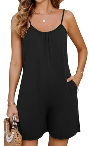 PASUDA Tuta Intera Donna Corta Estiva Jumpsuit Senza Manica Tutine con Spalline Cotone Casuale Monopezzi Elegante Boho Spiaggia Pagliaccetto Outfit con Tasca Overall Rompers (Nero, L)