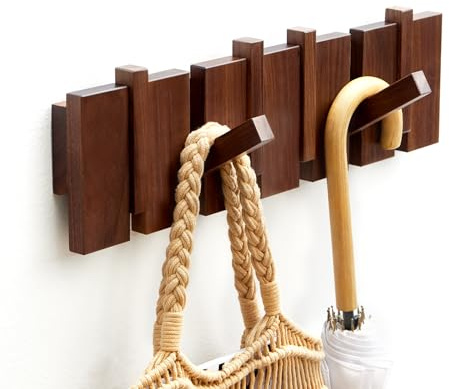 ESDOPA Wood Wall Mounted Coat Rack, Flip Down Wall-Mount Hook Racks with 6 Hooks, Entryway Hanger Art Hook for Hanging Coats Keys Hats Towels Bags, Walnut
