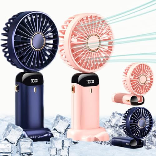 VGJK 2 Pack Handheld Fan,Battery Operated Portable Fans,5 Speeds Personal Fan with Base,Ajustable USB Rechargeable Hand Neck Desk Fan Mini Fans for Outdoor Indoor Office (1*Blue+1*Pink)