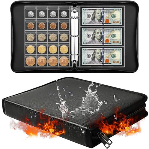 Ettonsun Fireproof Coin Collection Book Holders for Collectors, 460 Pockets Coin Organizer Sleeves Coin Album & 36 Currency Sleeves Album Money Holder Coin Storage Case for Coin Collection Supplies