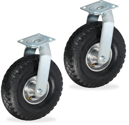 Relaxdays Lenkrollen 2er Set, luftbereift, 3.00-4, Schwerlastrollen, Platte zum Anschrauben, bis 240 kg, schwarz/silber