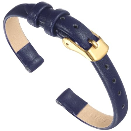 sourcing map Dark Blue Genuine Leather Band 10mm Width, Flat Thin Elegant Leather Watch Strap Golden Tone Buckle for Men and Women