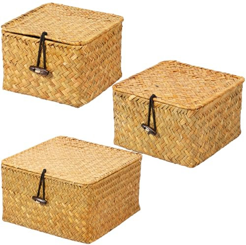 3pcs Woven Storage Basket with Lid, Wicker Storage Baskets with Lid, Seagrass Storage Basket Bins, Rectangular Handwoven Multifunctional Storage Box for Shelves, Toys, Cosmetics, Bathroom,Toilet Paper