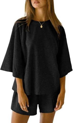 Imily Bela Pigiama corto da donna, con scollo rotondo, set estivo, maniche a 3/4, biancheria da notte, Nero , L