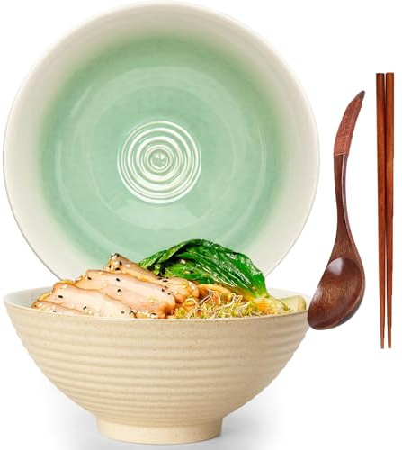 TuYines Rāmen skål i keramik, Rāmen skålset, japansk rāmen skål med sked och ätpinnar, 1 200 ml soppskål, salladsskål (stil F)