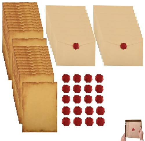 64 stycken vintagepapper, gammalt papper pergamentpapper brevpapper vintage designpapper, 20 vintagepapper kuvert, 24 brevpapper med kuvert och 20 vaxförseglingsklistermärken