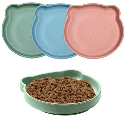 WIYETY Ciotola piatta in silicone per gatti, 3 ciotole per gatti, set di ciotole per animali domestici, ciotola piatta per cibo umido con ventosa, ciotola per cani e gatti (rosa/blu/verde)