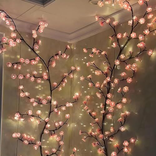 LED Väggbelysning Med Grenar | Rosa Blommor Förtrollade Pilrankslampor - 8 Lägen Inredning för Vardagsrum Bröllop Jul | Fönster Vägg Dekoration