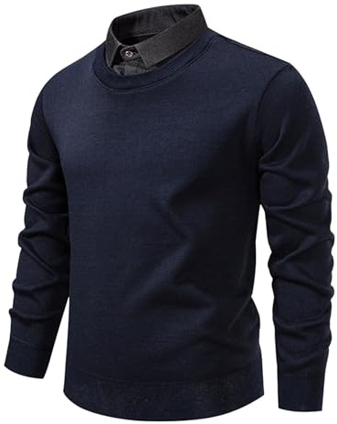 Generisch Pull pour homme avec col de chemise intégré - Pull en tricot fin 2 en 1 pour un look superposé intelligent - Haut décontracté pour le bureau et les loisirs, Style_d05 bleu marine, XL