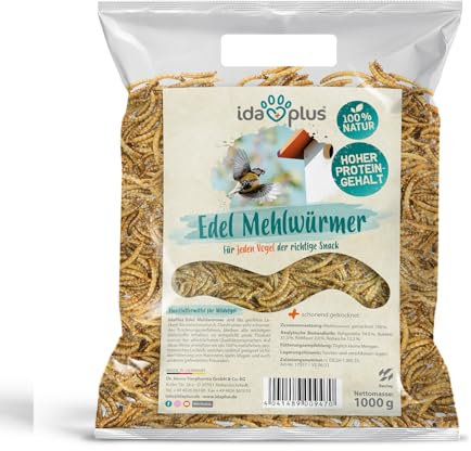 Ida Plus Edel Mehlwürmer getrocknet - 1000g - Insekten Snack für Vögel - Wildvögel - Vogelfutter - Ganzjahresfutter für Wildvögel - reines Naturprodukt ohne Zusatzstoffe - Das perfekte Leckerli