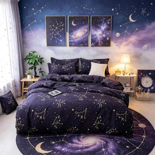 Loussiesd Constellation Duvet Cover Set Dark Navy Blue, Sky Stars Pattern Printed Quilt Cover Set Single Size, Soft Comforter Microfiber with Zipper Closure (135x200cm)