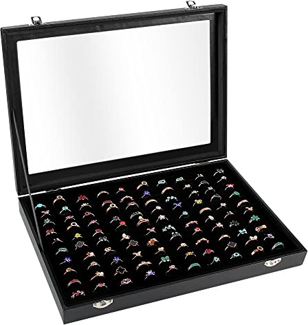 Bivisen Ring Display Case Organizer Box with Transparent Lid, 100 Slots Ring Storage Display Box Case Tray Holder PU Leather Black