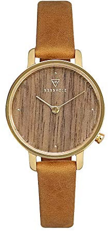 Kerbholz Holzuhr – Elements Collection Emma analoge Damenuhr, Quarz Uhr, Naturholz Ziffernblatt, echtes Lederarmband, Ø 30mm, Walnuss Senffarben