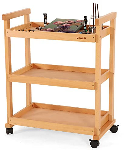 VISWIN Kunstwagen-Aufbewahrungs-Organizer aus massivem Buchenholz, 3-stöckiges Roll-Utility-Studio-Taboret mit Rollen, multifunktionales Aufbewahrungswagen–Natur