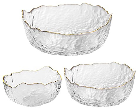 KMYC Glass Bowls Set, 3 Piece Gold Rim Clear Serving Salad Mixing Bowl,Modern Decorative Fruit Dishes