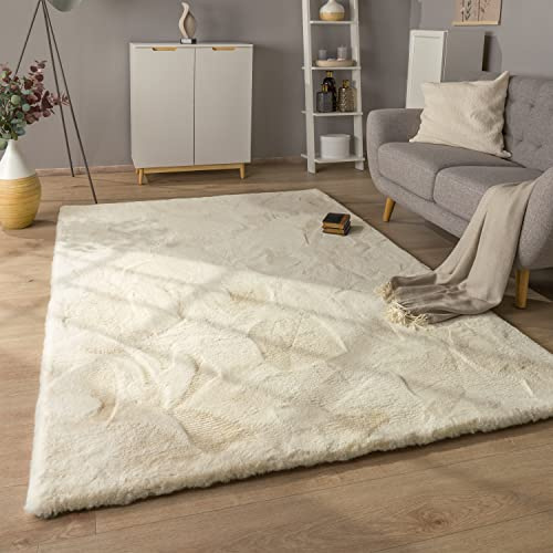 Paco Home Tapis Poils Longs Tapis De Salon Shaggy Imitation Fourrure Lapin Fausse Fourrure Moelleux, Dimension:160x230 cm, Couleur:Crème