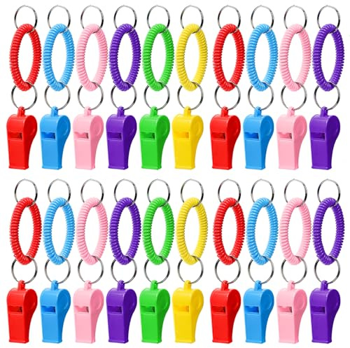 Hedume 30 Pcs Sport Whistle with Bracelet, 6 Colors Loud Plastic Whistles with Stretchable Coil Wrist Keychain Ring for Coaches, Referees, Officials, Birthday Party Gift, Emergency Training