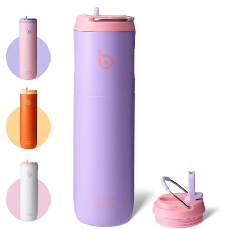 Bottle Bottle Borraccia termica da 710 ml, con coperchio, cannuccia e manico, in acciaio inox, a doppia parete sottovuoto, a prova di perdite, senza BPA, per sport, viaggi, palestra, lilla