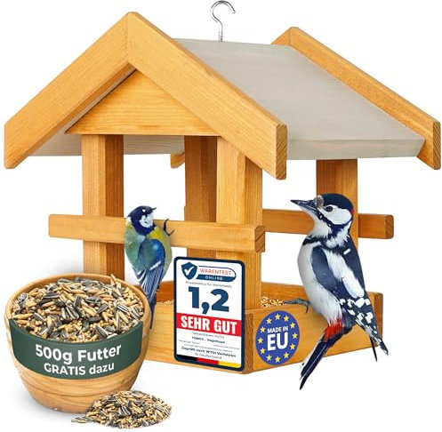 TORFIX® Vogelhaus Vogelfutterhaus aus Kiefernholz Futterstation zum Aufhängen19×26×24 cm Für Garten, Balkon und Terrasse. Inkl. 500 g Vogelfutter – sofort einsatzbereit Handgefertigt in der EU