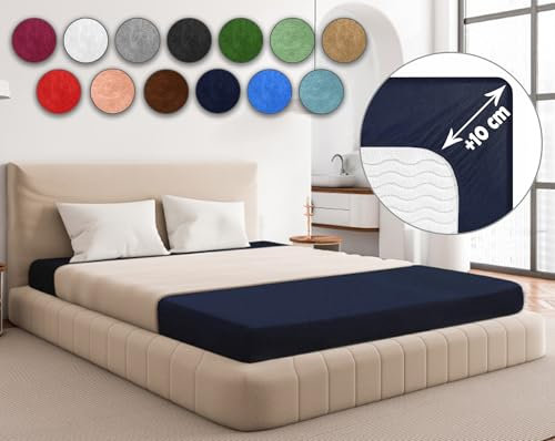 Sesto Senso Spannbettlaken 180x200cm Dunkelblau für Topper Frottee mit Gummizug 100% Baumwolle
