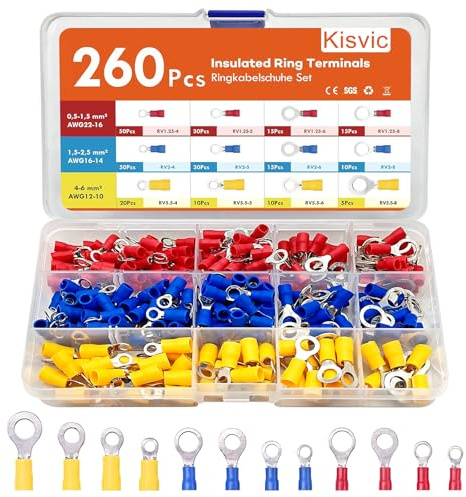 Kisvic Ringkabelskor, 260 stycken ringöglor kabelskor set, 0,5–6 mm² Ø M4/M5/M6/M8 kabelkontakter av koppar förtennad klämkontakt sortiment