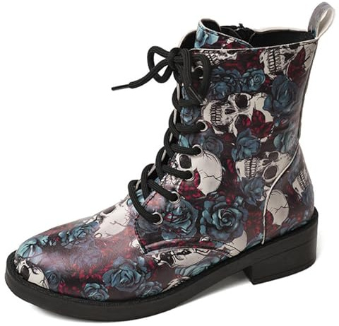 Ulalaza Bottes pour Femmes Bout Rond Talons Bloc Bottines Plateforme Gothique À Lacets Punk Bottes De Combat De Moto en Cuir Imprimé Multicolore Grosses Bottes Courtes