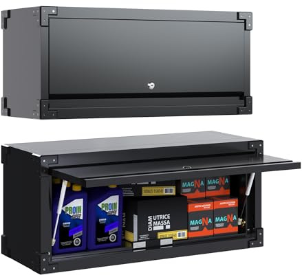 SUPEER Hängeschrank Metall Werkzeugschrank mit Klapptür,Abschließbar Wandhängeschrank aus Edelstahl,Garage Werkstatt Küche H38.6×W80×D30cm,Schwarz