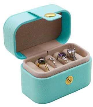 AfitLulu Ring Box Mini Travel Ring Holder Compact Snap Button Travel Jewelry Case for Women with Twill PU Leather, Mini Jewelry Box Ring Storage Box for Business Trips (Blue)