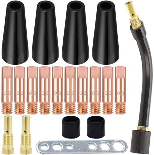 EATBALE Gasless Nozzle Tips Kit MB14 14AK MIG Welding Torch M6 Tips Holder Diffuser 0.8 mm / 0.030'' Current Nozzle Contact Tip Wrench Swan Neck Shielding Cover Consumables Accessories Kit