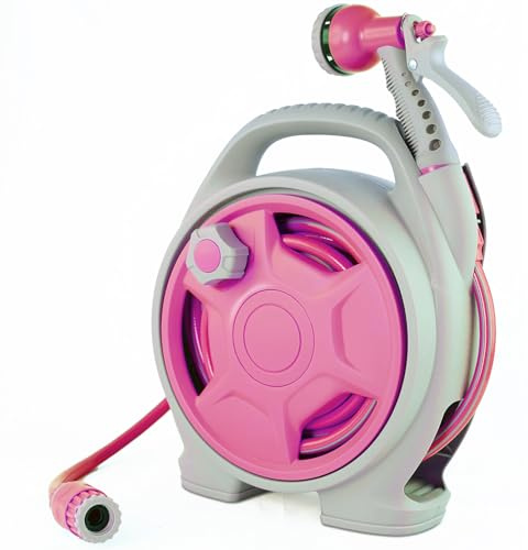 Portable Hose Reel, 50FT Garden Hose Reel for Outside, Lightweight Hose Reel with 6 Patterns Spray Nozzle, Suitable for US Standard Hose Connection（PINK）