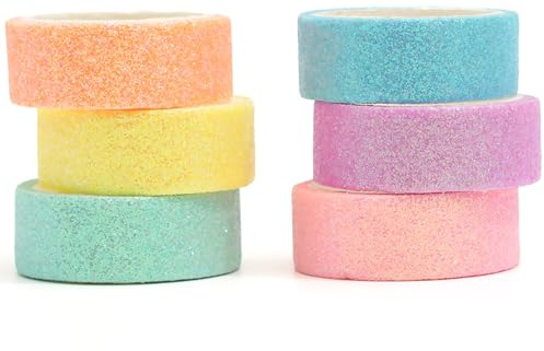 YUBX Glitter Washi-tejpset 6 rullar glittrande folie dekorativ strö färgad maskeringstejp för konst, gör-det-själv-hantverk, journaler, planerare, klippbok, inslagning (6 färger)