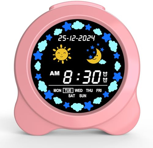 SENXINGYAN Reloj Despertador Infantil, Entrenador de Sueño con Pantalla LED de Sol & Luna, Luz Nocturna & Sonidos Relajantes, Fácil de Usar para Los Niños, Regalo Ideal para el Dormitorio Infantil