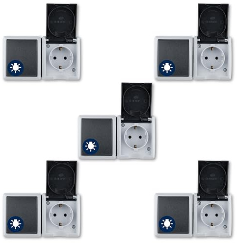 REV AquaForm Lot de 5 prises de courant – Combinaison d'interrupteurs A/W IP44, bipolaire, montage en saillie, horizontal, gris