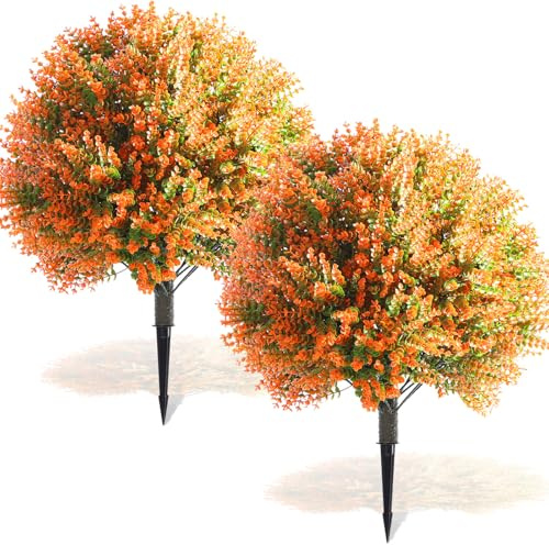Yunlly Set of 2 Real Touch Outdoor Topiary Tree 24 Fake Plants Front Porch Decor Artificial Boxwood Ball Faux Bush with Ground Spike, UV Resistant Fake Shrubs for Garden Yard(Orange)