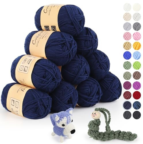 Coopay 10 Pelote de Laine à Tricoter, 450g (10x 45g), Laine Crochet Doux en Coton et Fibre, 5 Brins, Laine Crochet Tricot pour Layette, Fil à Crocheter Écharpe, Couverture, Gant - Bleu Marine