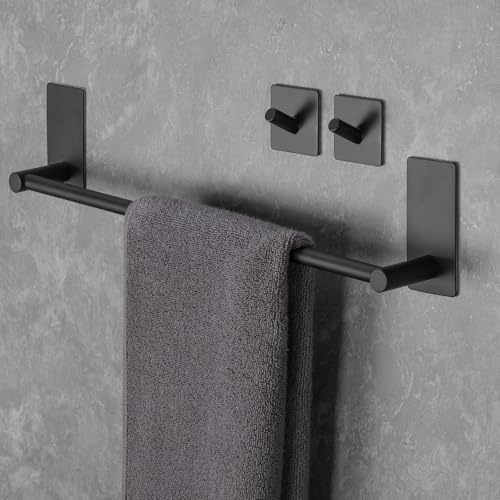 Toalleros de Baño Sin Taladro 40CM Toalleros Adhesivos Baño Barra de Toallas Acero Inoxidable 304 Toallero de Pared Toalleros de Barra con 2 Ganchos para Baño Cocina Balcón (40CM, Negro)-1