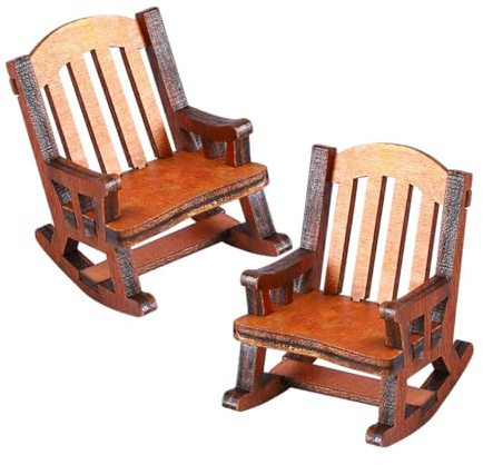 Kisangel 2pcs Mini Wooden Rocking Chairs Handcrafted Dollhouse Furniture for Decoration and Scene Photography Vintage Style Miniature Accessories for Desk and Cabinet Display