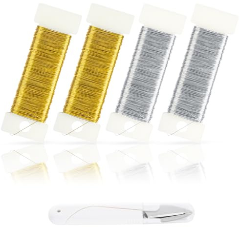 Yaunming 0,3 mm × 200 m Basteldraht Schmuckdraht, Nickel-freier Draht Zum Basteln Silberfarben 2 Rollen Goldfarben 2 Rollen Mit 1 kleinen Schere, für Handgefertigten DIY-Schmuck und Floristik