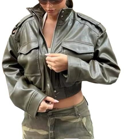 RISCUYY Green Leather Jacket Women Stand Collar Zip Up Olive Green Cropped Leather Jacket Women Trendy 2026
