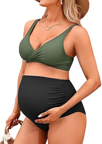 Charmo Womens Maternity Bikini Set 2 Pieces High Waist Swimwear | Removable Pads, Adjustable Straps, Ruched Design, Push Up, V Neck
