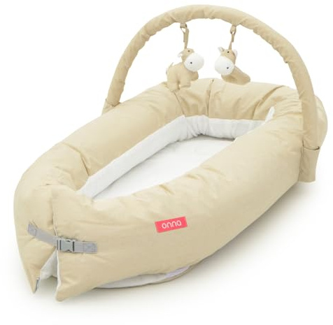 ONNA | Nido Nara para Bebés de 0 a 6 Meses | Con Arco de Juegos | Reposacabezas Transpirable Antiplagiocefalia | Evolutivo y Desmontable (Beige)