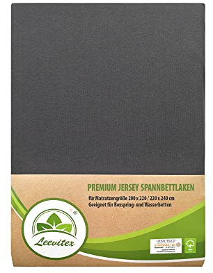 leevitex® Premium Wasserbett & Boxspringbett Spannbettlaken | Spannbetttuch | 200 x 220 bis 220 x 240 | 97% Mako-Jersey-Baumwolle | 3% Elastan | Anthrazit/Grau | 195 g/m²