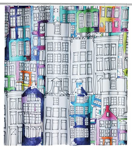 WENKO Duschvorhang Sunny City, hygienischer Textil-Vorhang, waschbar, wasserabweisend & pflegeleicht, mit 12 Ringen zur Befestigung an der Duschstange, 180 x 200 cm, Mehrfarbig