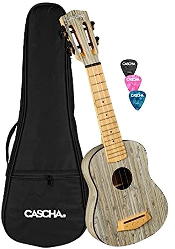 CASCHA Bamboo Graphit Concert Ukulele Erwachsene & Kinder - inkl.3 Plektren & gepolsterte Tasche - Bambus-Ukulele für Anfänger oder Fortgeschrittene -, HH 2316, Bambus grau