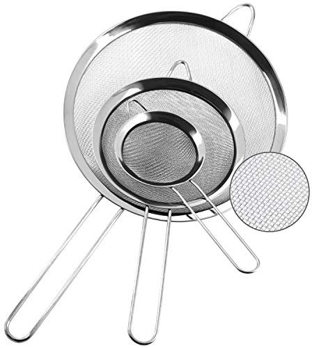 Anaeat Fine Mesh Strainers - Premium Stainless Steel Colander Sieve Sifters, with Durable Mesh and Sturdy Handle, Excellent for Sifting Dry ingredients, Flour, Pastas, Rice, Tea (3.15+5.5+7.87)